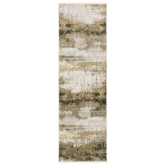 8' Grey Gold Black Charcoal And Beige Abstract Power Loom Runner Rug With Fringe - Homeroots - Flyclothing LLC