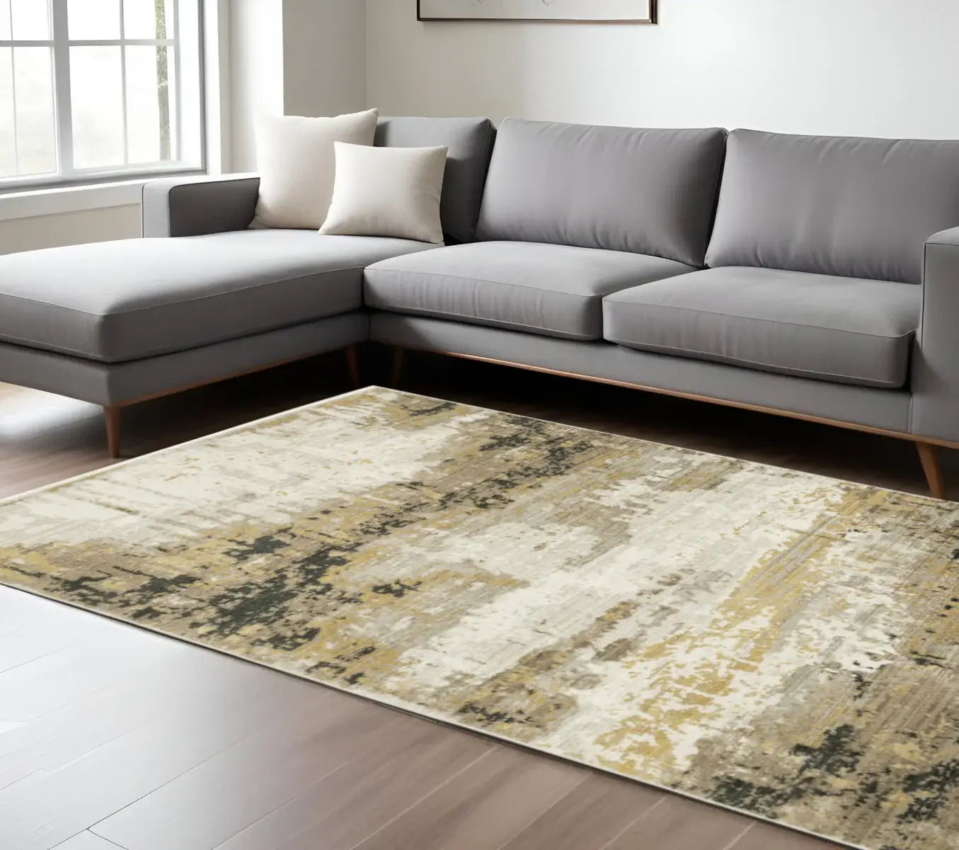 8' X 11' Grey Gold Black Charcoal And Beige Abstract Power Loom Stain Resistant Area Rug With Fringe - Homeroots - Flyclothing LLC