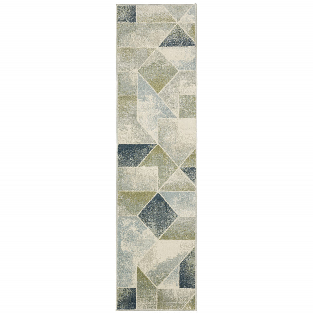 2' X 8' Blue Green Grey Gold And Ivory Geometric Power Loom Stain Resistant Runner Rug - Homeroots
