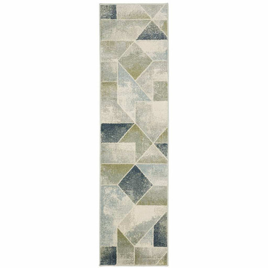 2' X 8' Blue Green Grey Gold And Ivory Geometric Power Loom Stain Resistant Runner Rug - Homeroots - Flyclothing LLC