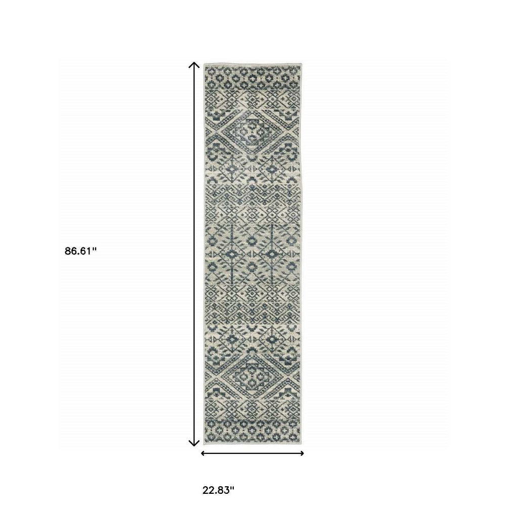 2' X 8' Blue And Beige Geometric Power Loom Stain Resistant Runner Rug - Homeroots - Flyclothing LLC