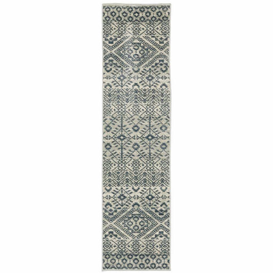 2' X 8' Blue And Beige Geometric Power Loom Stain Resistant Runner Rug - Homeroots - Flyclothing LLC