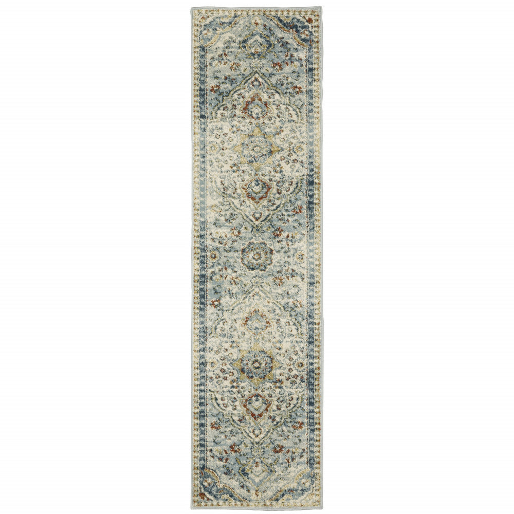 2' X 8' Blue Beige Rust Gold And Teal Oriental Power Loom Stain Resistant Runner Rug - Homeroots