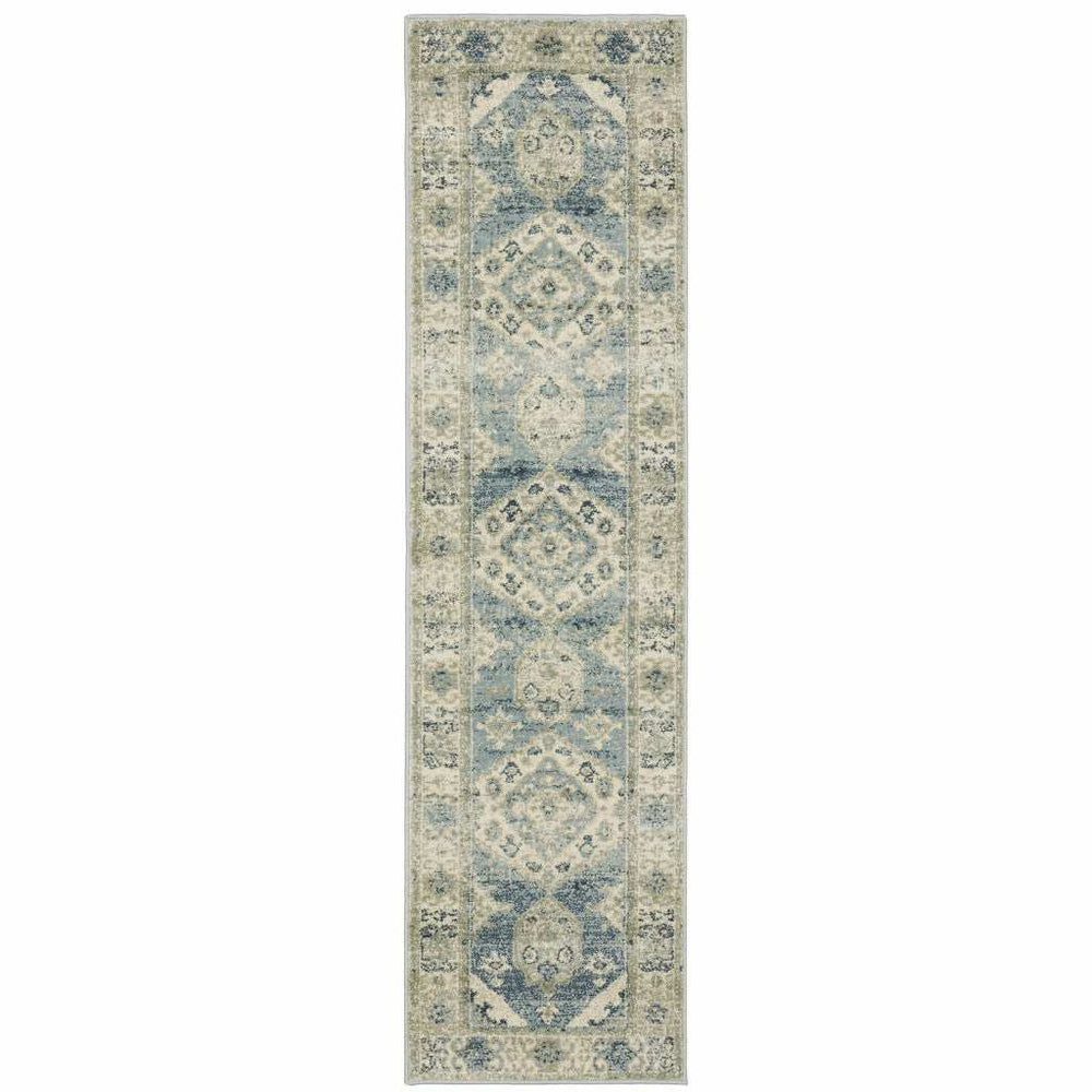 2' X 8' Blue Grey Beige And Teal Oriental Power Loom Stain Resistant Runner Rug - Homeroots