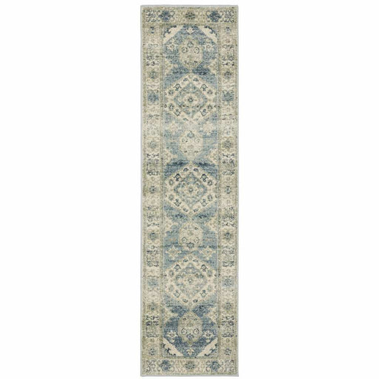 2' X 8' Blue Grey Beige And Teal Oriental Power Loom Stain Resistant Runner Rug - Homeroots - Flyclothing LLC