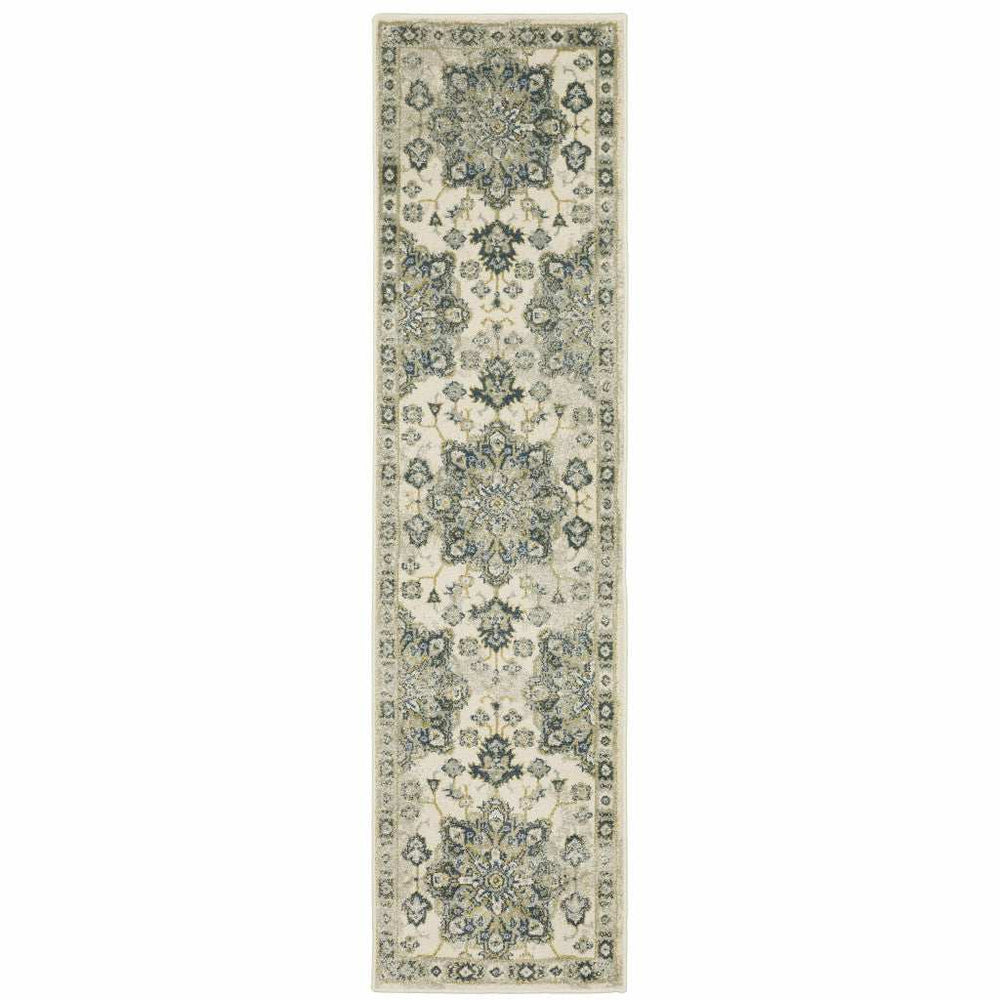 2' X 8' Ivory Blue Teal Grey And Olive Green Oriental Power Loom Stain Resistant Runner Rug - Homeroots - Flyclothing LLC