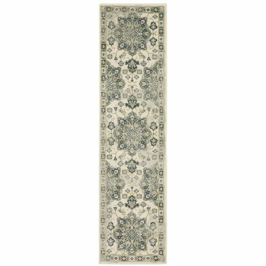 2' X 8' Ivory Blue Teal Grey And Olive Green Oriental Power Loom Stain Resistant Runner Rug - Homeroots - Flyclothing LLC