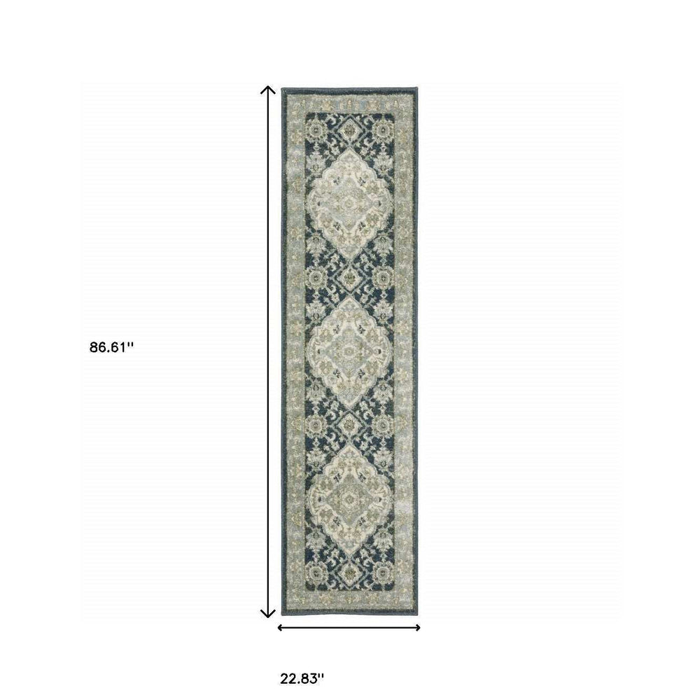 2' X 8' Teal Blue Ivory Green And Grey Oriental Power Loom Stain Resistant Runner Rug - Homeroots - Flyclothing LLC