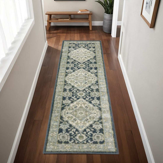 2' X 8' Teal Blue Ivory Green And Grey Oriental Power Loom Stain Resistant Runner Rug - Homeroots - Flyclothing LLC
