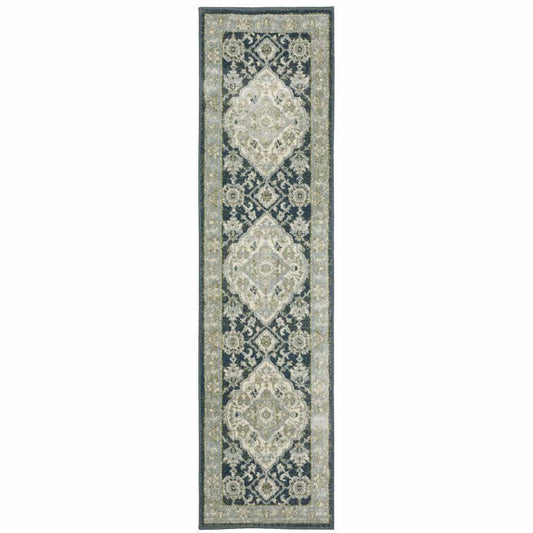 2' X 8' Teal Blue Ivory Green And Grey Oriental Power Loom Stain Resistant Runner Rug - Homeroots - Flyclothing LLC
