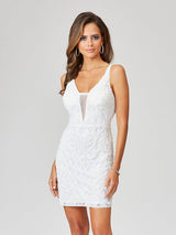 Lara Illusion V-Neck Beaded Mini Dress with Low Back