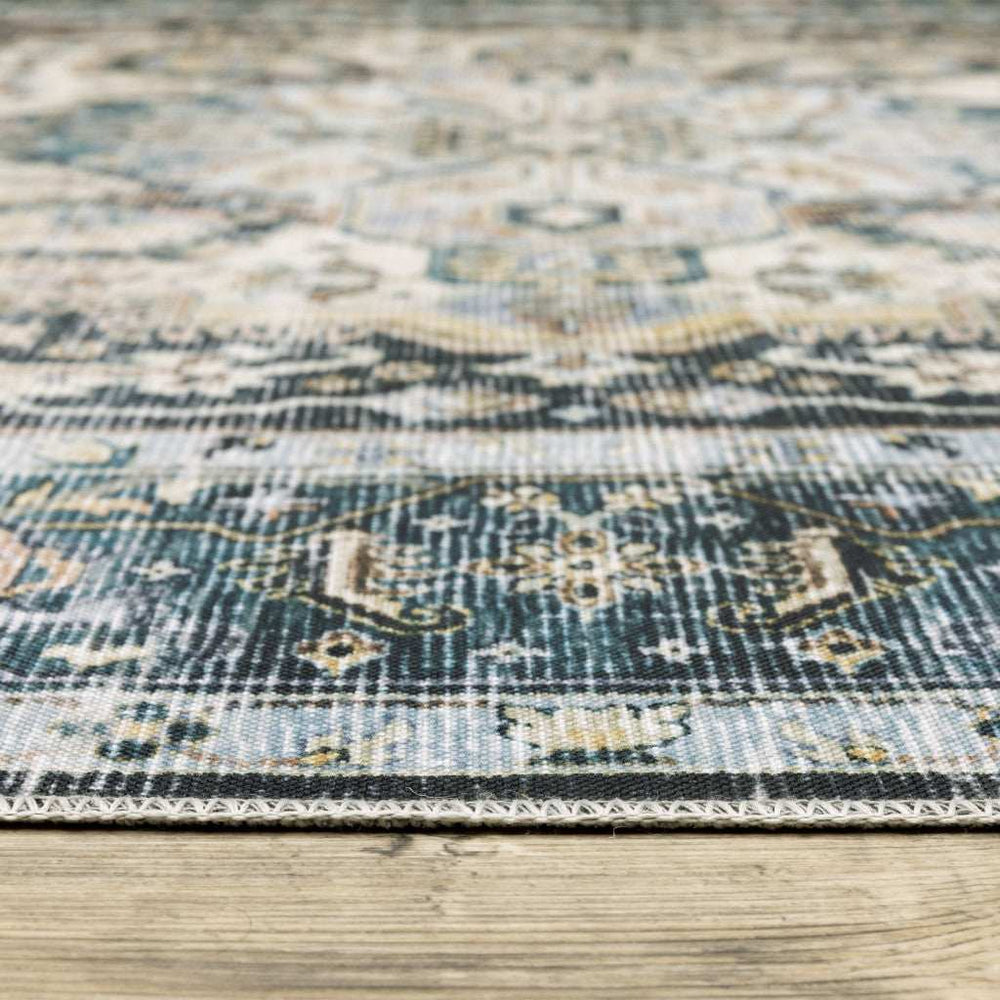 2' X 3' Blue Ivory Teal Brown And Gold Oriental Printed Stain Resistant Non Skid Area Rug - Homeroots - Flyclothing LLC