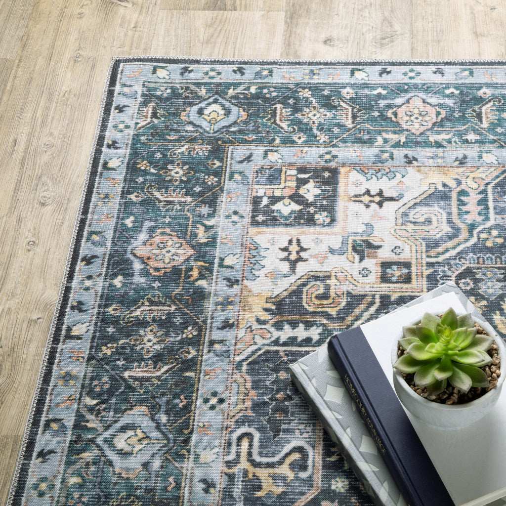 2' X 3' Blue Ivory Teal Brown And Gold Oriental Printed Stain Resistant Non Skid Area Rug - Homeroots - Flyclothing LLC