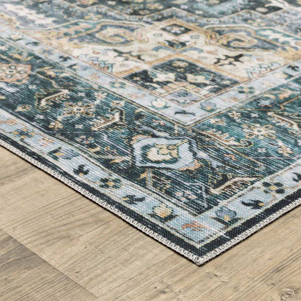 2' X 8' Blue Ivory Teal Brown And Gold Oriental Printed Stain Resistant Non Skid Runner Rug - Homeroots - Flyclothing LLC