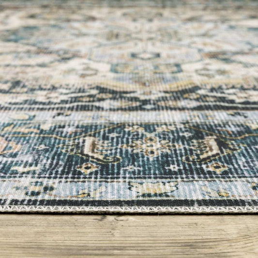 2' X 8' Blue Ivory Teal Brown And Gold Oriental Printed Stain Resistant Non Skid Runner Rug - Homeroots - Flyclothing LLC
