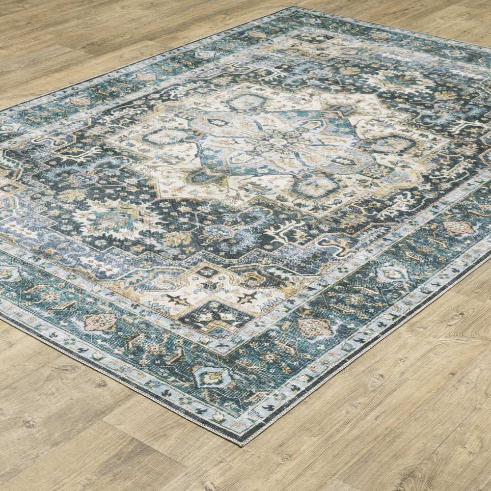 2' X 8' Blue Ivory Teal Brown And Gold Oriental Printed Stain Resistant Non Skid Runner Rug - Homeroots - Flyclothing LLC