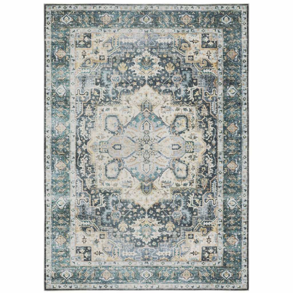 4' X 6' Blue Ivory Teal Brown And Gold Oriental Printed Stain Resistant Non Skid Area Rug - Homeroots - Flyclothing LLC