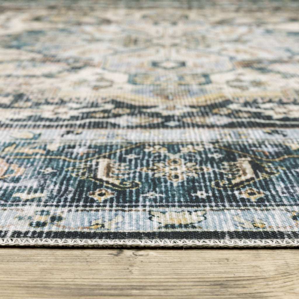 4' X 6' Blue Ivory Teal Brown And Gold Oriental Printed Stain Resistant Non Skid Area Rug - Homeroots - Flyclothing LLC