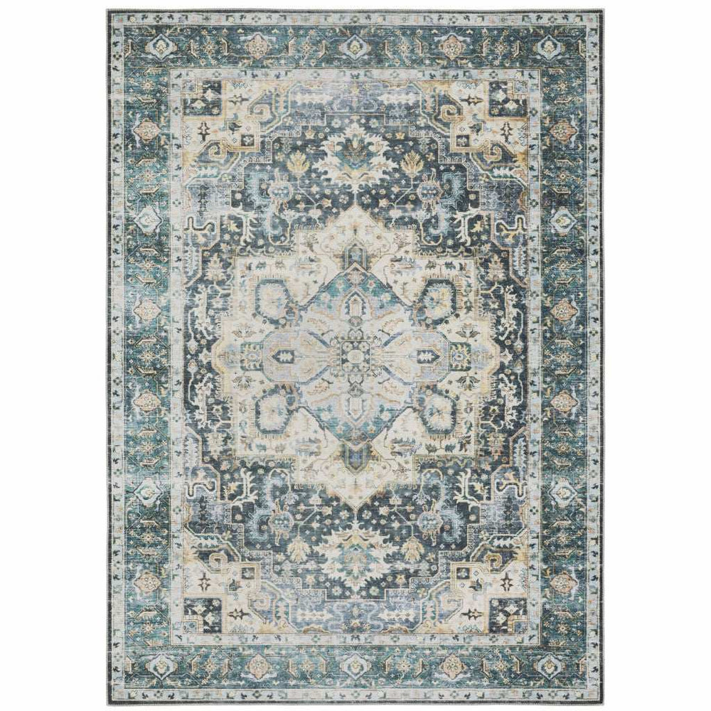 5' X 7' Blue Ivory Teal Brown And Gold Oriental Printed Stain Resistant Non Skid Area Rug - Homeroots - Flyclothing LLC
