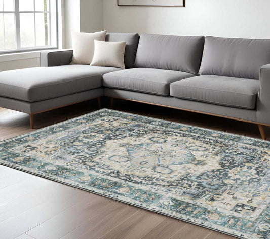 7' X 10' Blue Ivory Teal Brown And Gold Oriental Printed Stain Resistant Non Skid Area Rug - Homeroots - Flyclothing LLC