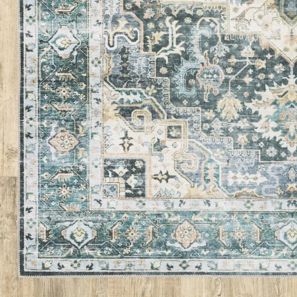 7' X 10' Blue Ivory Teal Brown And Gold Oriental Printed Stain Resistant Non Skid Area Rug - Homeroots - Flyclothing LLC