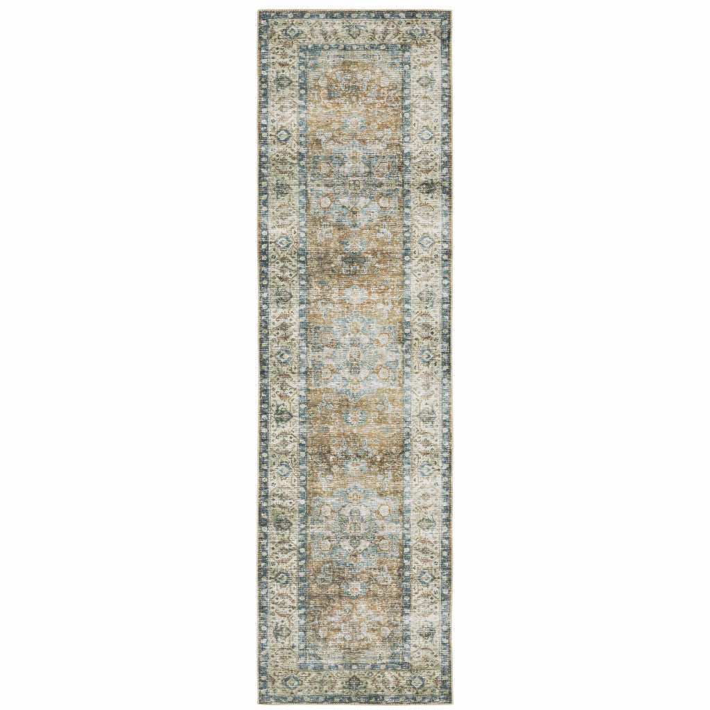 2' X 8' Blue Gold Brown Green And Salmon Oriental Printed Stain Resistant Non Skid Runner Rug - Homeroots - Flyclothing LLC