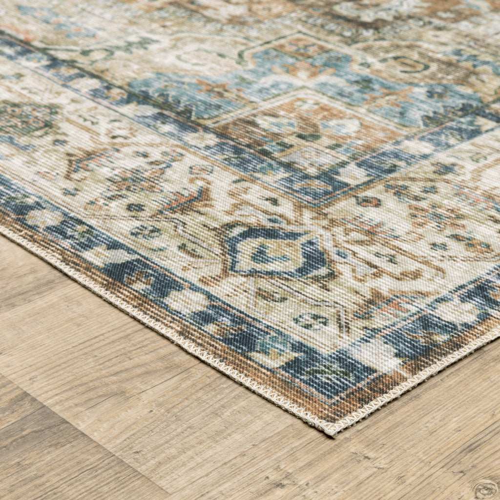 2' X 8' Blue Gold Brown Green And Salmon Oriental Printed Stain Resistant Non Skid Runner Rug - Homeroots - Flyclothing LLC