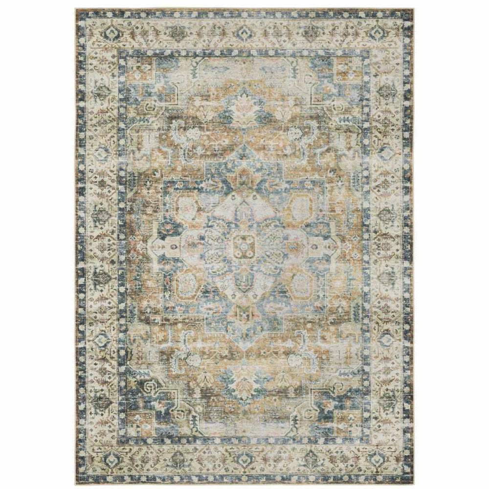 4' X 6' Blue Gold Brown Green And Salmon Oriental Printed Stain Resistant Non Skid Area Rug - Homeroots - Flyclothing LLC