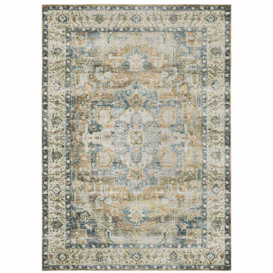4' X 6' Blue Gold Brown Green And Salmon Oriental Printed Stain Resistant Non Skid Area Rug - Homeroots - Flyclothing LLC