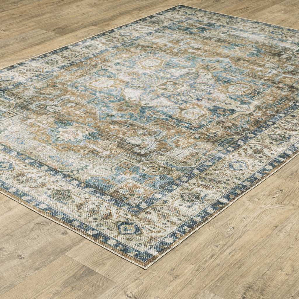 4' X 6' Blue Gold Brown Green And Salmon Oriental Printed Stain Resistant Non Skid Area Rug - Homeroots - Flyclothing LLC