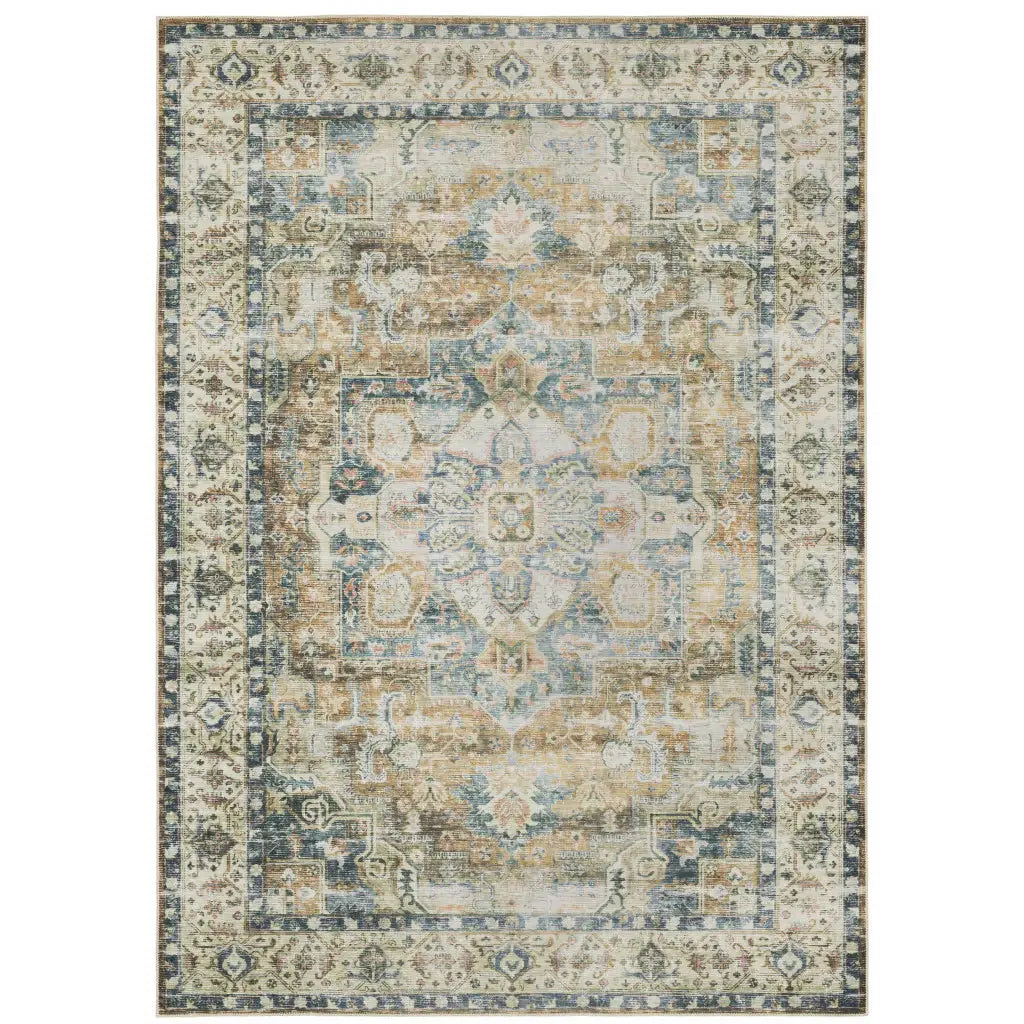 5' X 7' Blue Gold Brown Green And Salmon Oriental Printed Stain Resistant Non Skid Area Rug - Homeroots - Flyclothing LLC