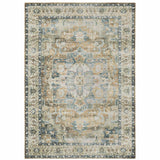 5' X 7' Blue Gold Brown Green And Salmon Oriental Printed Stain Resistant Non Skid Area Rug
