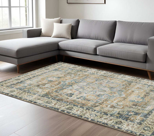 7' X 10' Blue Gold Brown Green And Salmon Oriental Printed Stain Resistant Non Skid Area Rug - Homeroots - Flyclothing LLC