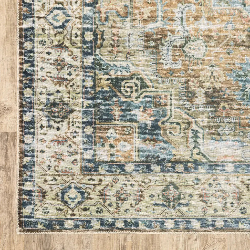 7' X 10' Blue Gold Brown Green And Salmon Oriental Printed Stain Resistant Non Skid Area Rug - Homeroots - Flyclothing LLC
