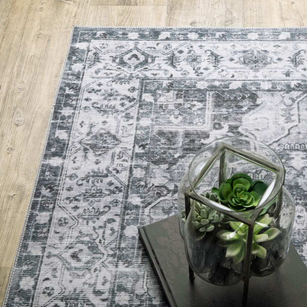 8' Gray And Ivory Oriental Printed Non Skid Runner Rug - Homeroots - Flyclothing LLC