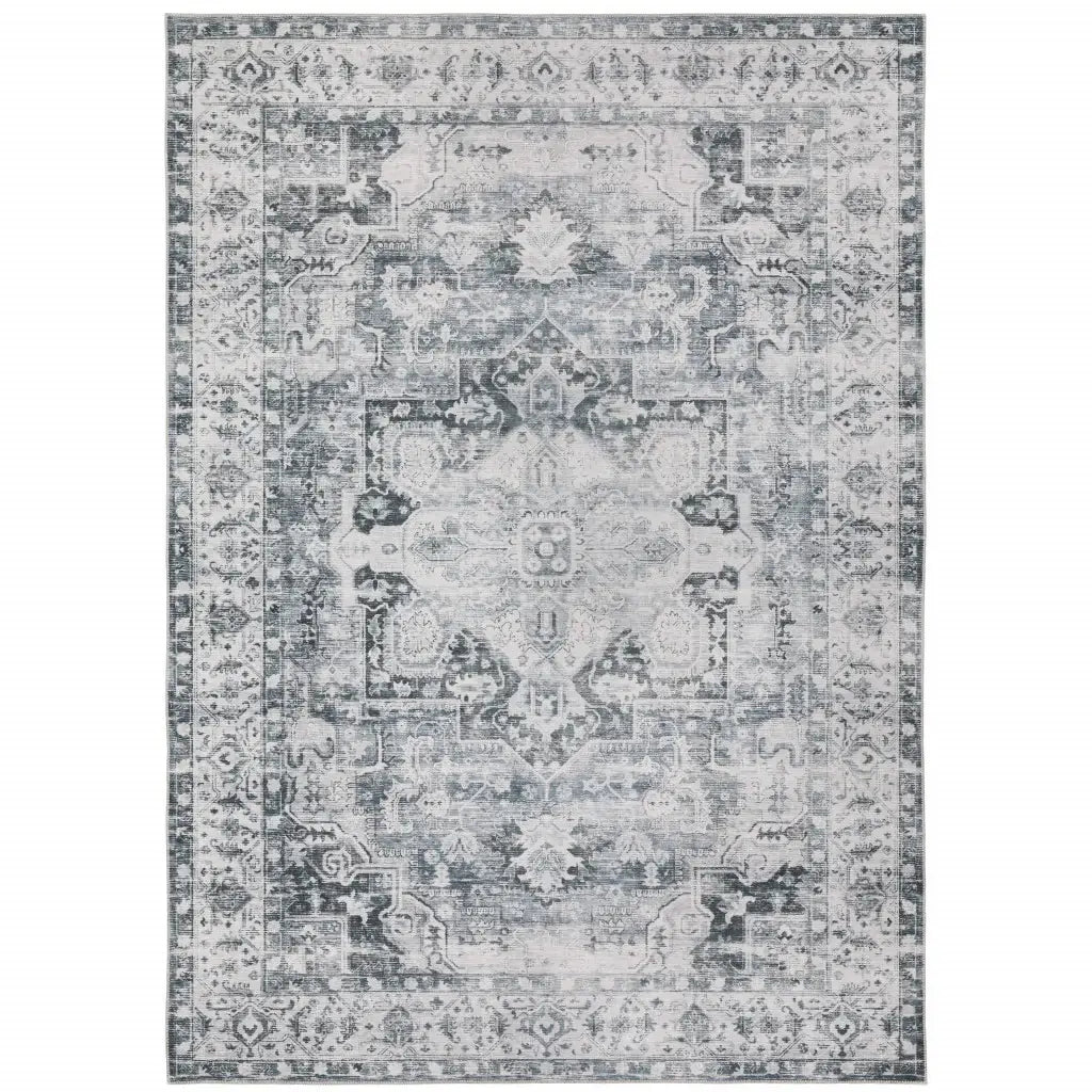 7' X 10' Navy Blue Ivory And Grey Oriental Printed Stain Resistant Non Skid Area Rug - Homeroots - Flyclothing LLC