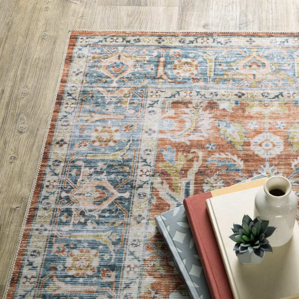 2' X 3' Rust Blue Ivory And Gold Oriental Printed Stain Resistant Non Skid Area Rug - Homeroots - Flyclothing LLC