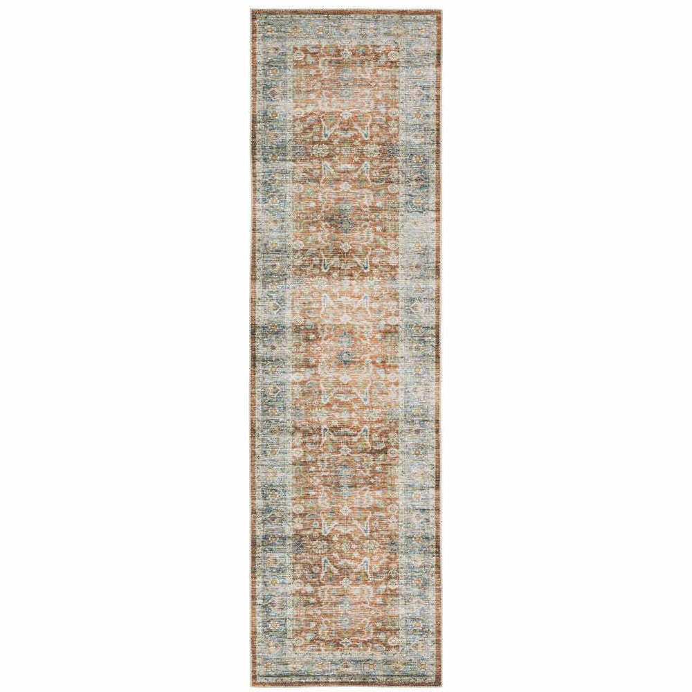 2' X 8' Rust Blue Ivory And Gold Oriental Printed Stain Resistant Non Skid Runner Rug - Homeroots - Flyclothing LLC
