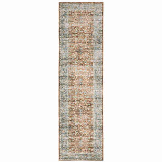 2' X 8' Rust Blue Ivory And Gold Oriental Printed Stain Resistant Non Skid Runner Rug - Homeroots - Flyclothing LLC