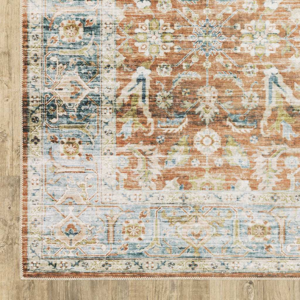 4' X 6' Rust Blue Ivory And Gold Oriental Printed Stain Resistant Non Skid Area Rug