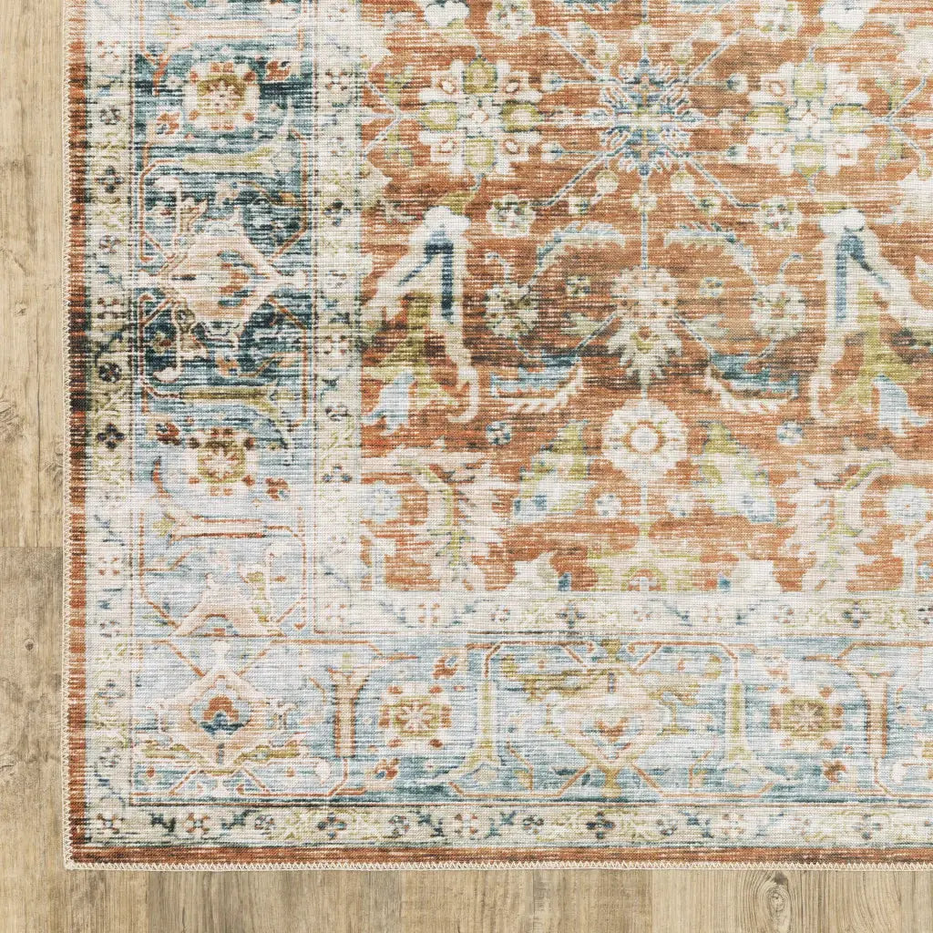 5' X 7' Rust Blue Ivory And Gold Oriental Printed Stain Resistant Non Skid Area Rug - Homeroots - Flyclothing LLC