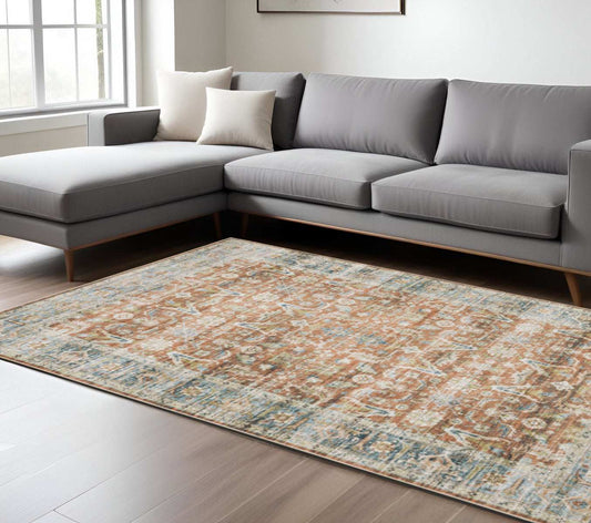 7' X 10' Rust Blue Ivory And Gold Oriental Printed Stain Resistant Non Skid Area Rug - Homeroots - Flyclothing LLC