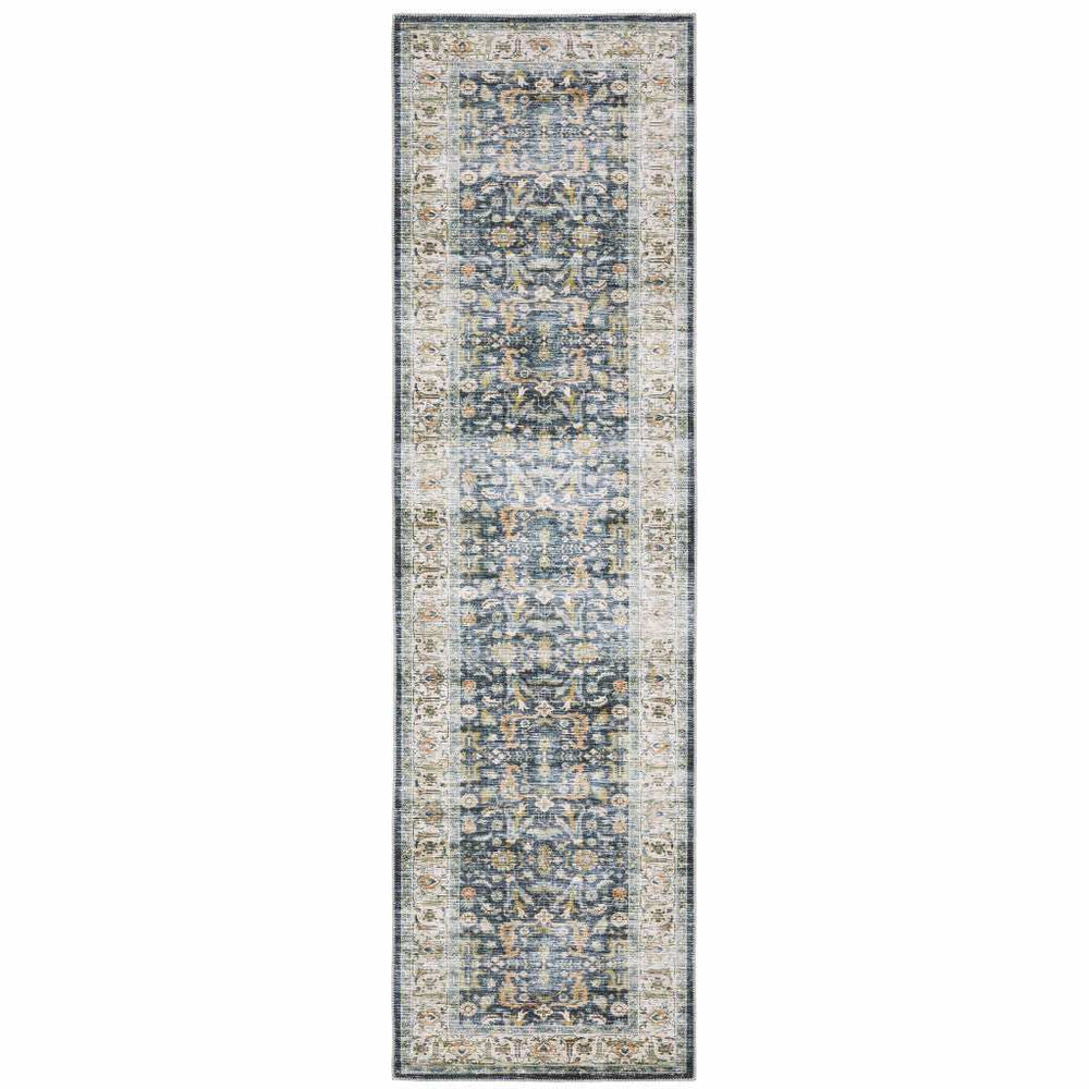 2' X 8' Blue Gold Rust Ivory And Olive Oriental Printed Stain Resistant Non Skid Runner Rug - Homeroots