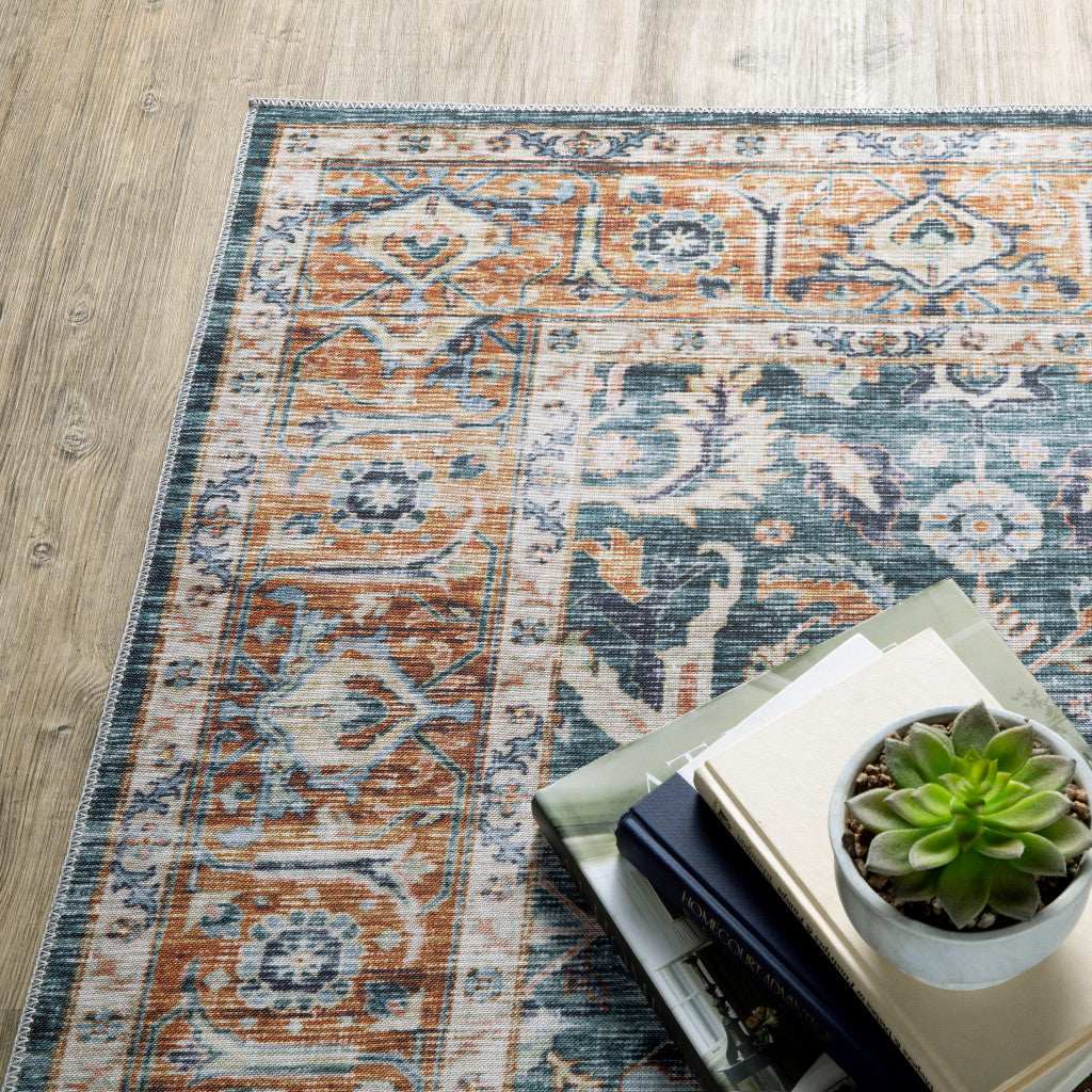 2' X 8' Blue Rust Gold And Olive Oriental Printed Stain Resistant Non Skid Runner Rug - Homeroots - Flyclothing LLC