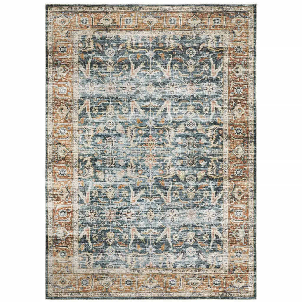 7' X 10' Blue Rust Gold And Olive Oriental Printed Stain Resistant Non Skid Area Rug - Homeroots - Flyclothing LLC