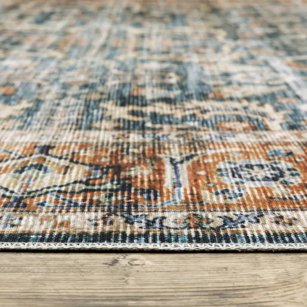 7' X 10' Blue Rust Gold And Olive Oriental Printed Stain Resistant Non Skid Area Rug - Homeroots - Flyclothing LLC