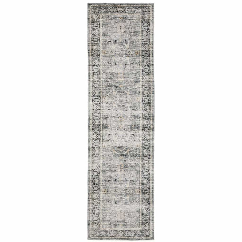 2' X 8' Charcoal Grey Salmon And Ivory Oriental Printed Stain Resistant Non Skid Runner Rug