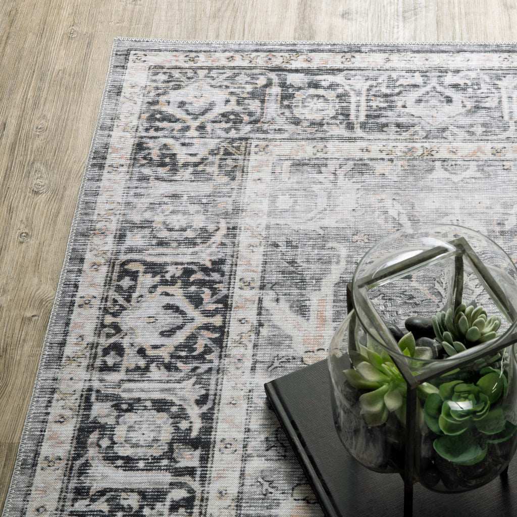 2' X 8' Charcoal Grey Salmon And Ivory Oriental Printed Stain Resistant Non Skid Runner Rug - Homeroots - Flyclothing LLC
