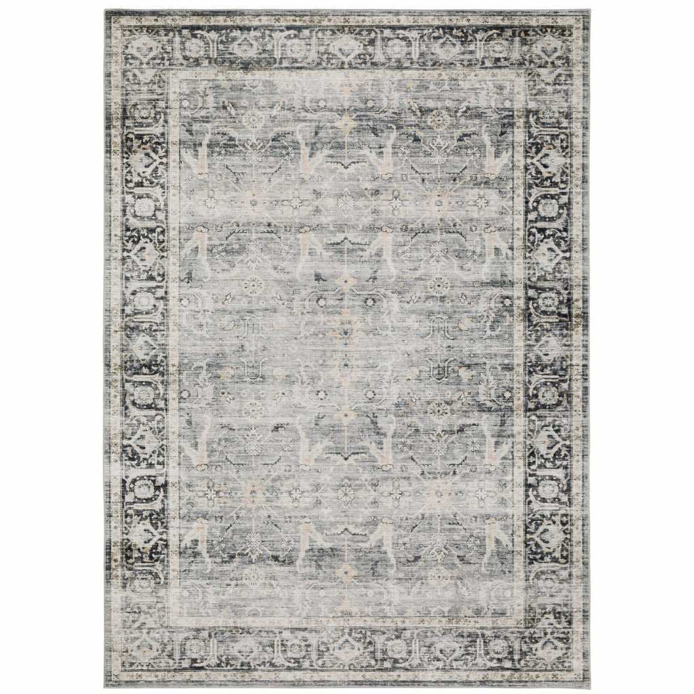 5' X 7' Charcoal Grey Salmon And Ivory Oriental Printed Stain Resistant Non Skid Area Rug - Homeroots - Flyclothing LLC