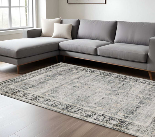 7' X 10' Charcoal Grey Salmon And Ivory Oriental Printed Stain Resistant Non Skid Area Rug - Homeroots - Flyclothing LLC
